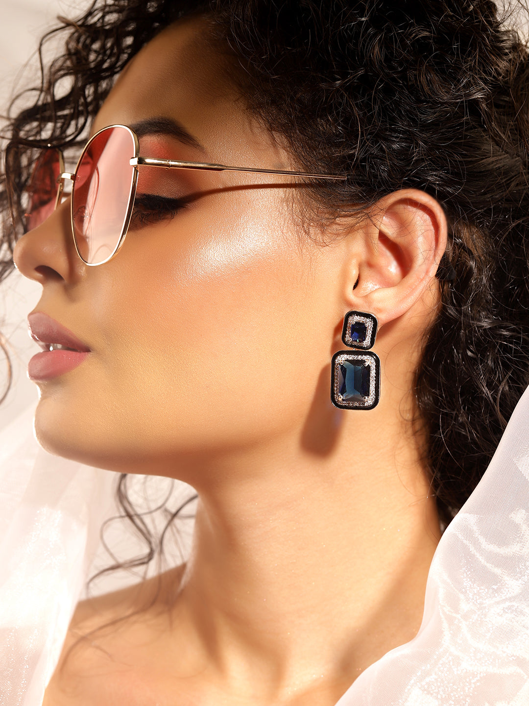 Blue Colour Silver Plated AD Drop Earring