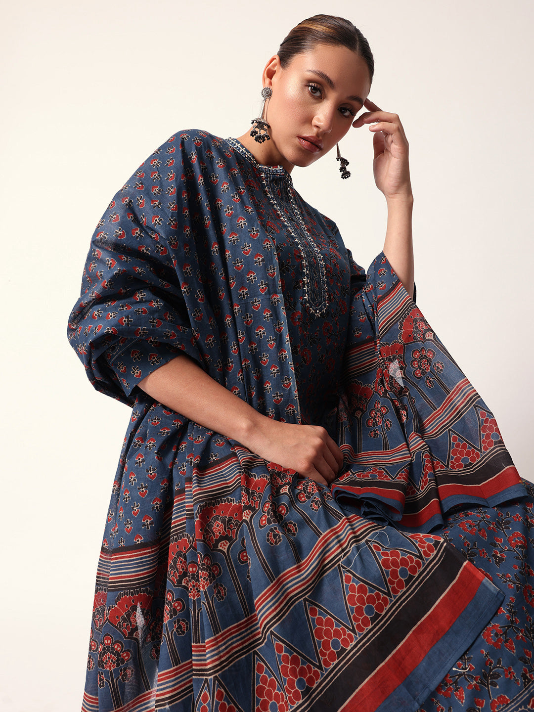 Comfy Blue Cotton floral printed Aline Fit kurta set with dupatta