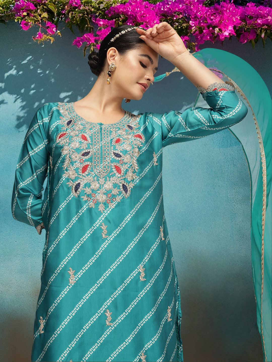 Graceful Green Poly Silk Zari Embroidered Straight Fit  Kurta Set with dupatta