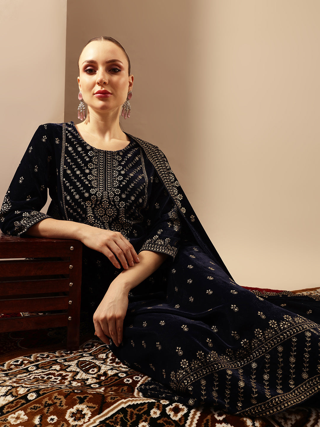 Rich Navy  Velvet Gold Print Straight Kurta sets with dupatta