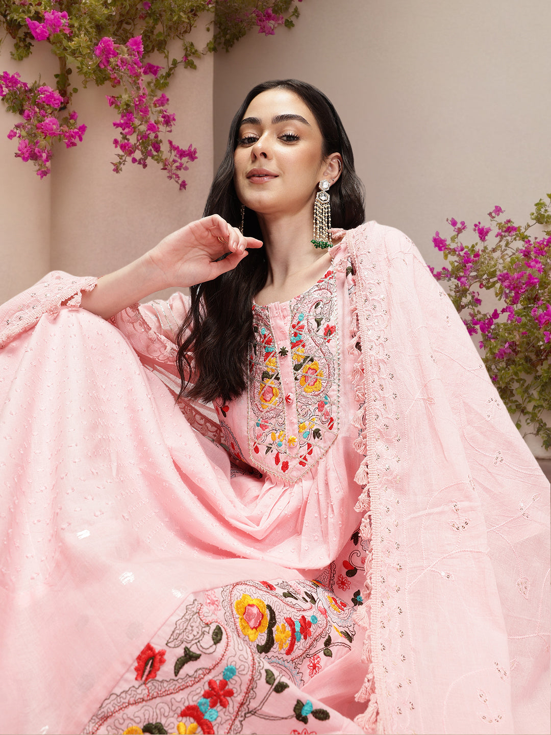 Graceful Pink  Cotton Dobby Embroidered A-line Kurta Set  with tasseled dupatta
