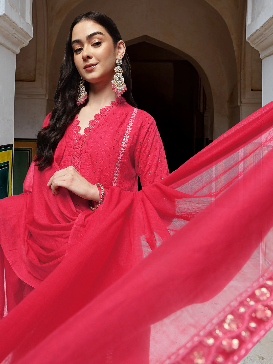 Graceful Pink  Cotton Schiffli Straight Fit Kurta Set and with lace detailed dupatta