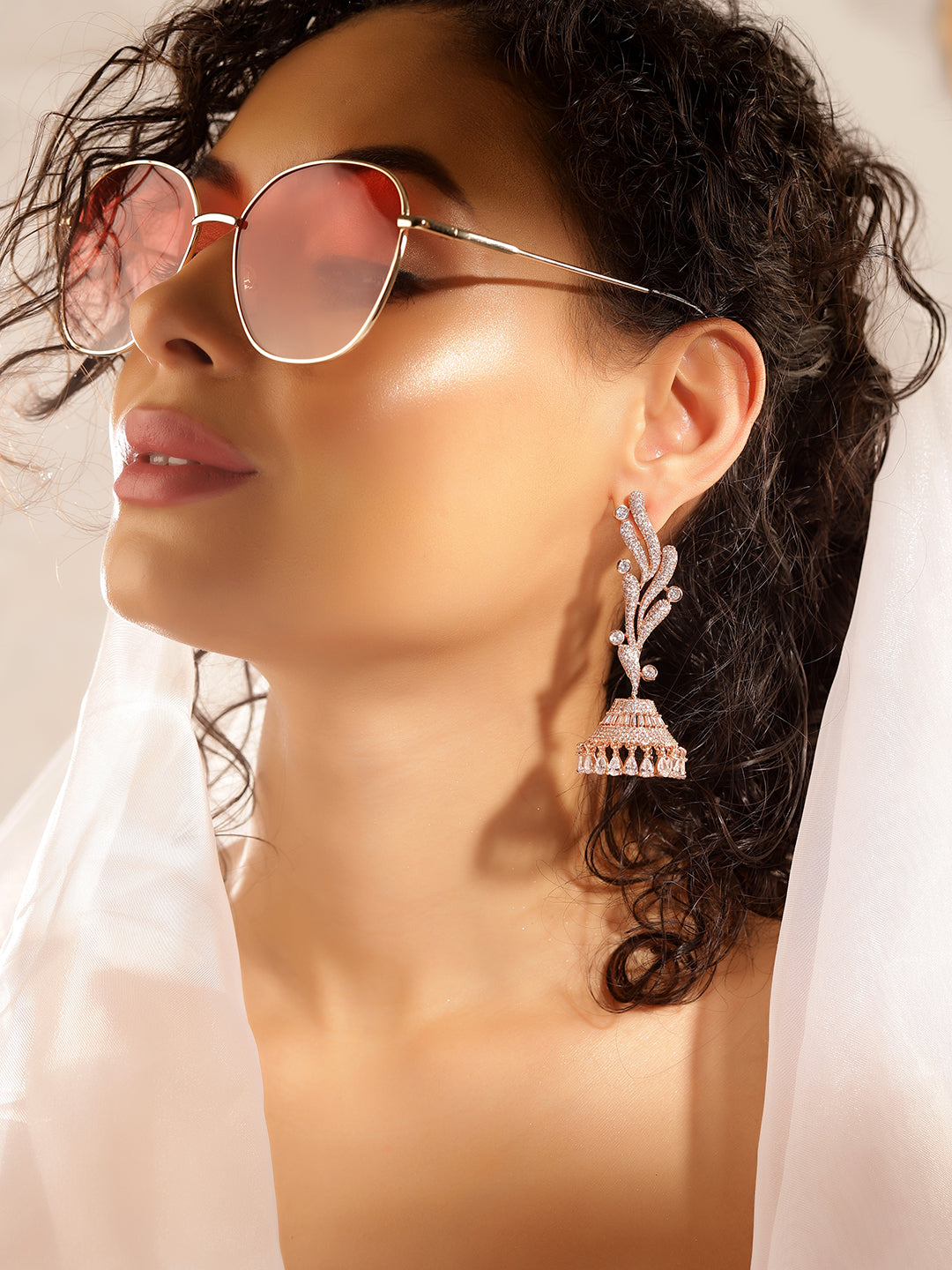 White Colour Rose Gold Plated AD Jhumka Earring