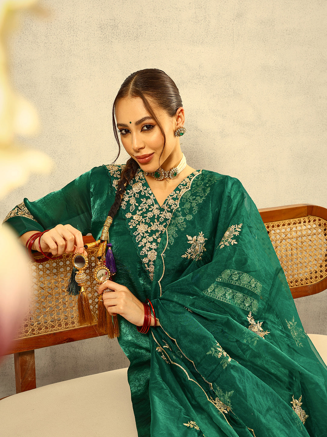 Green Cording & Zari Embroidered  Festive Kurta with Trouser & Embellished Organza Dupatta