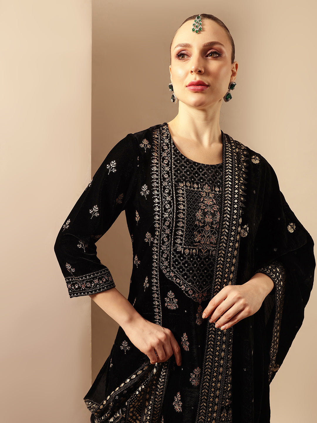 Rich Black Velvet Gold Print Straight Kurta sets with dupatta