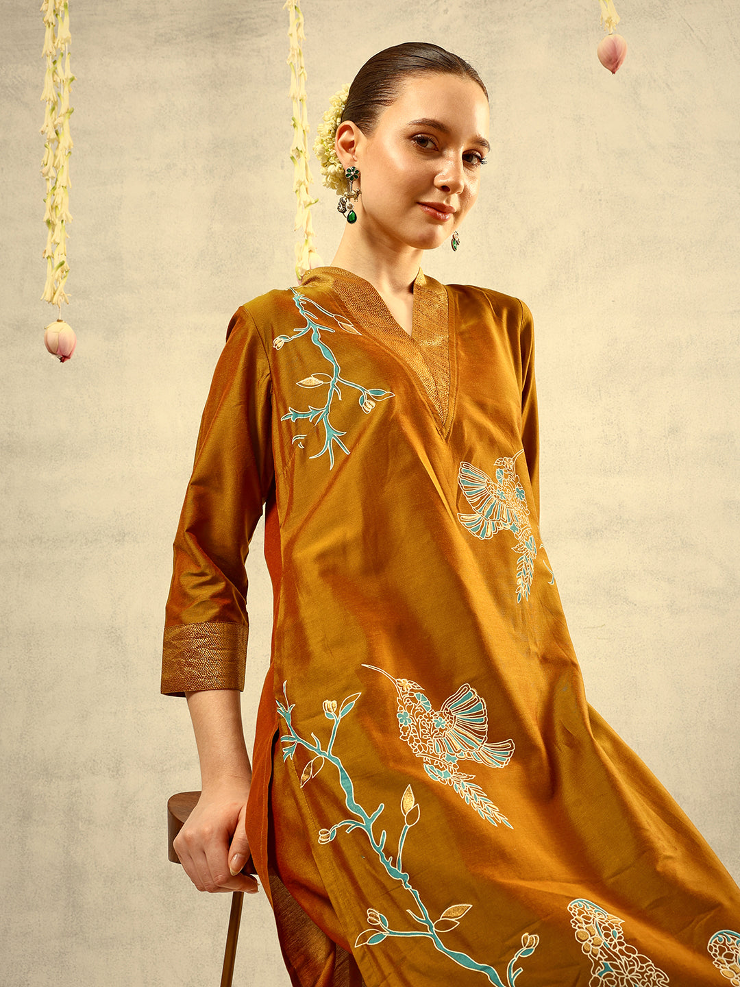 Ishin Olive Gold Foil Print Kurta with Shawl Collar & Trouser