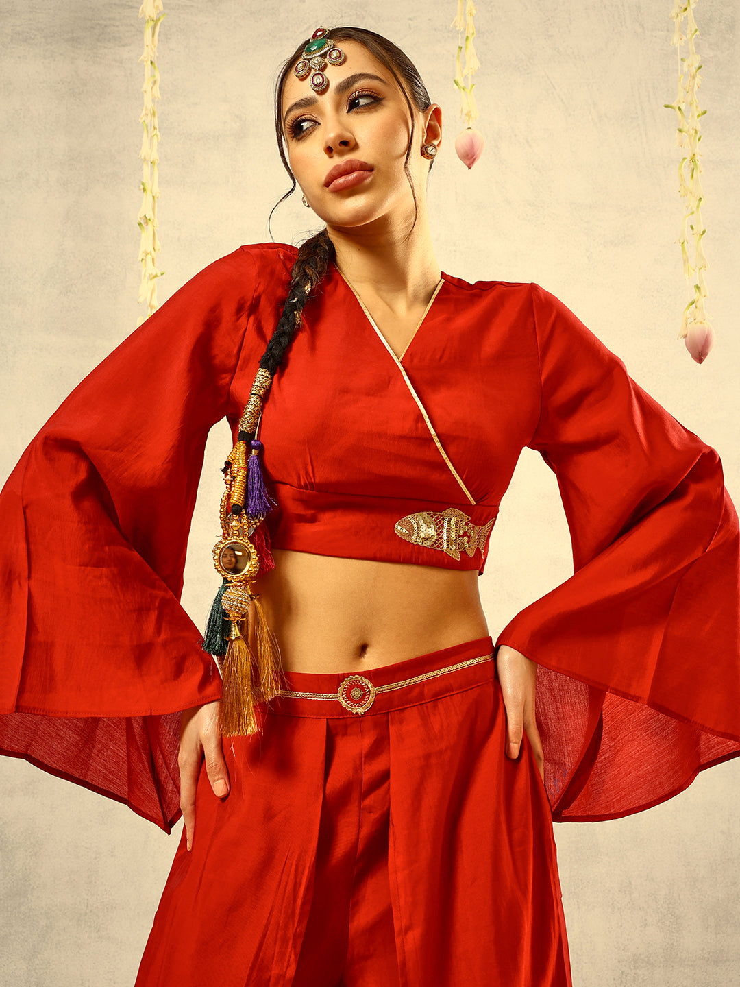 Maroon Zari Embroidered  Festive Tie Up CropTop with Layered Palazzo