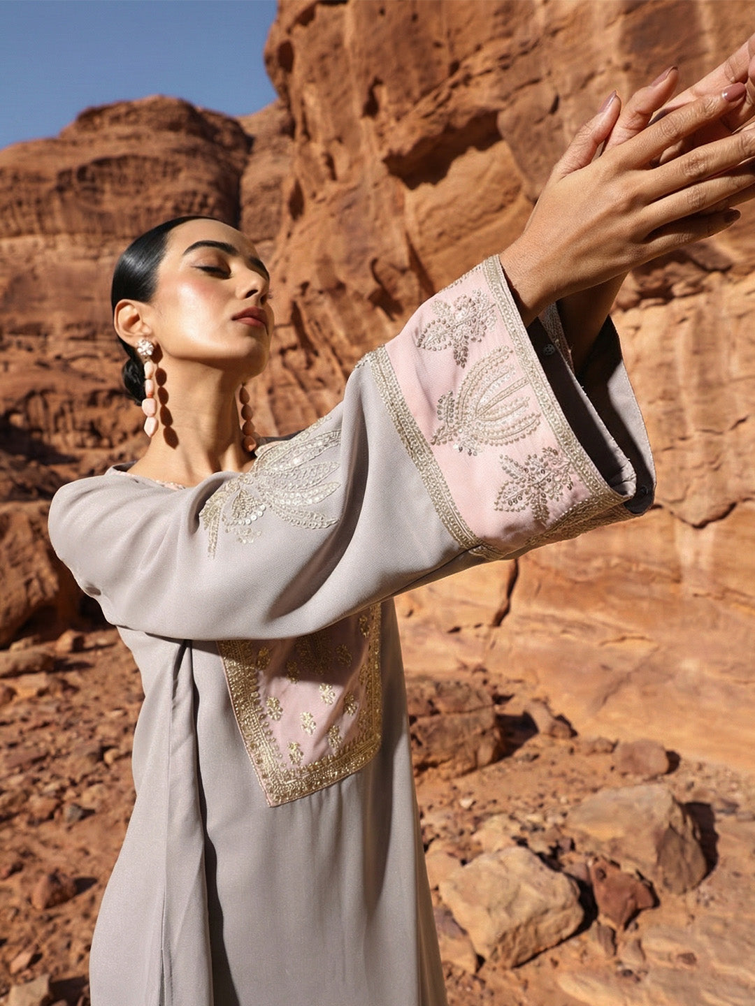 Rich grey Relaxed  Embroidered Abaya