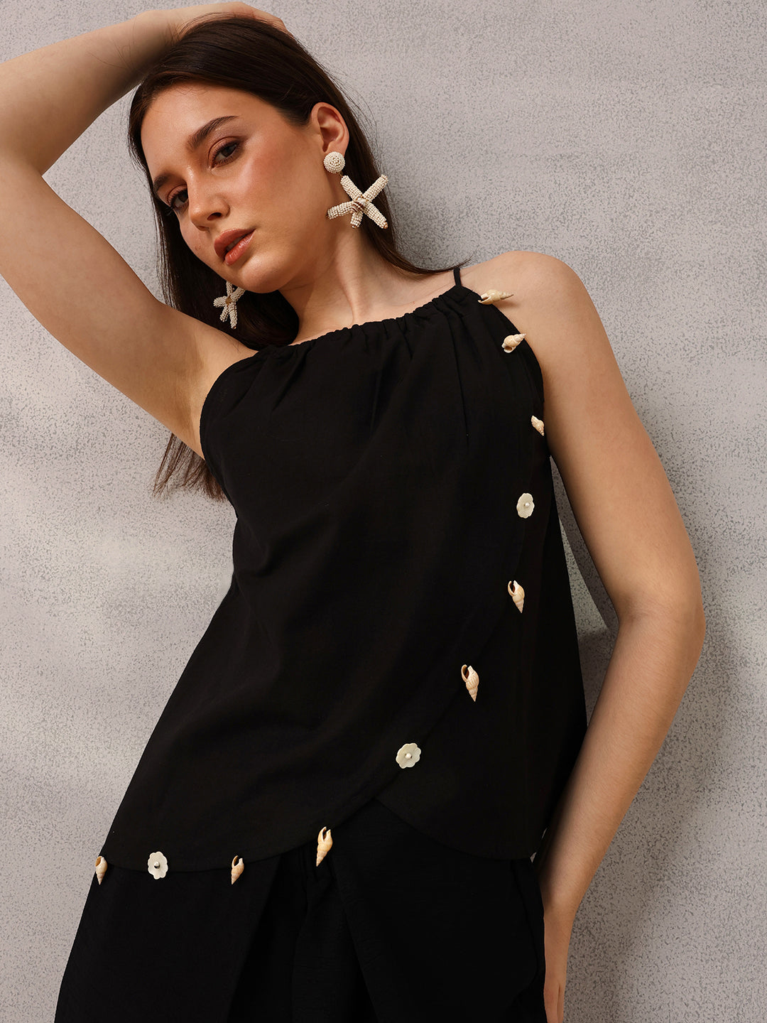Ishin Black Layered Top with Shells Embellishment