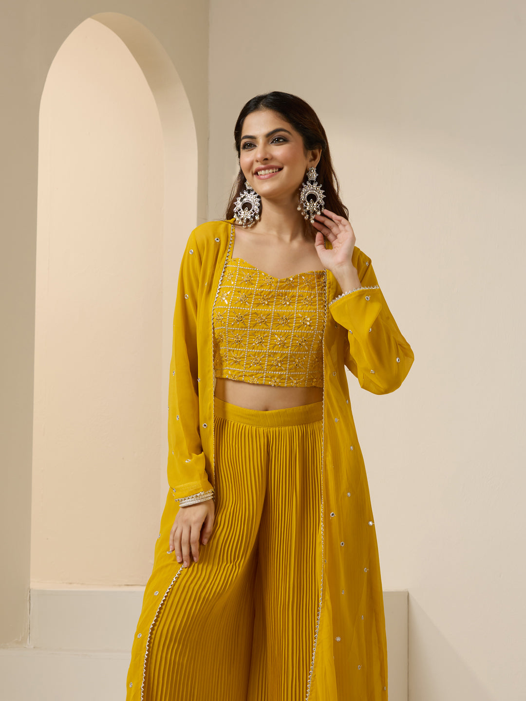 Flowy Mustard Poly Georgette Embroidered Co-ord Set with Ribbed Palazzo