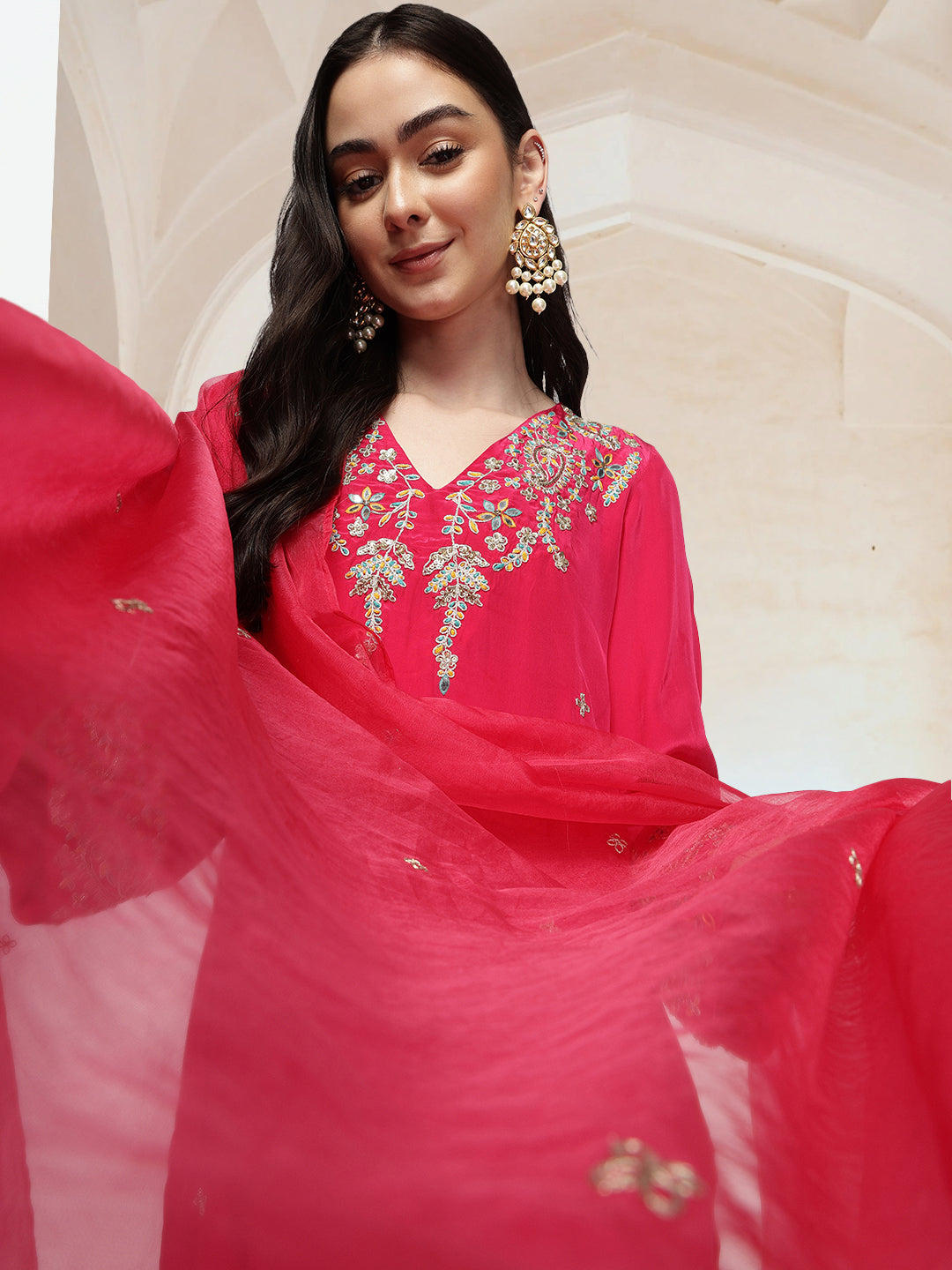 Graceful Pink Chinon Zari Embroidered Straight Fit  Kurta Set with scallop detailed dupatta
