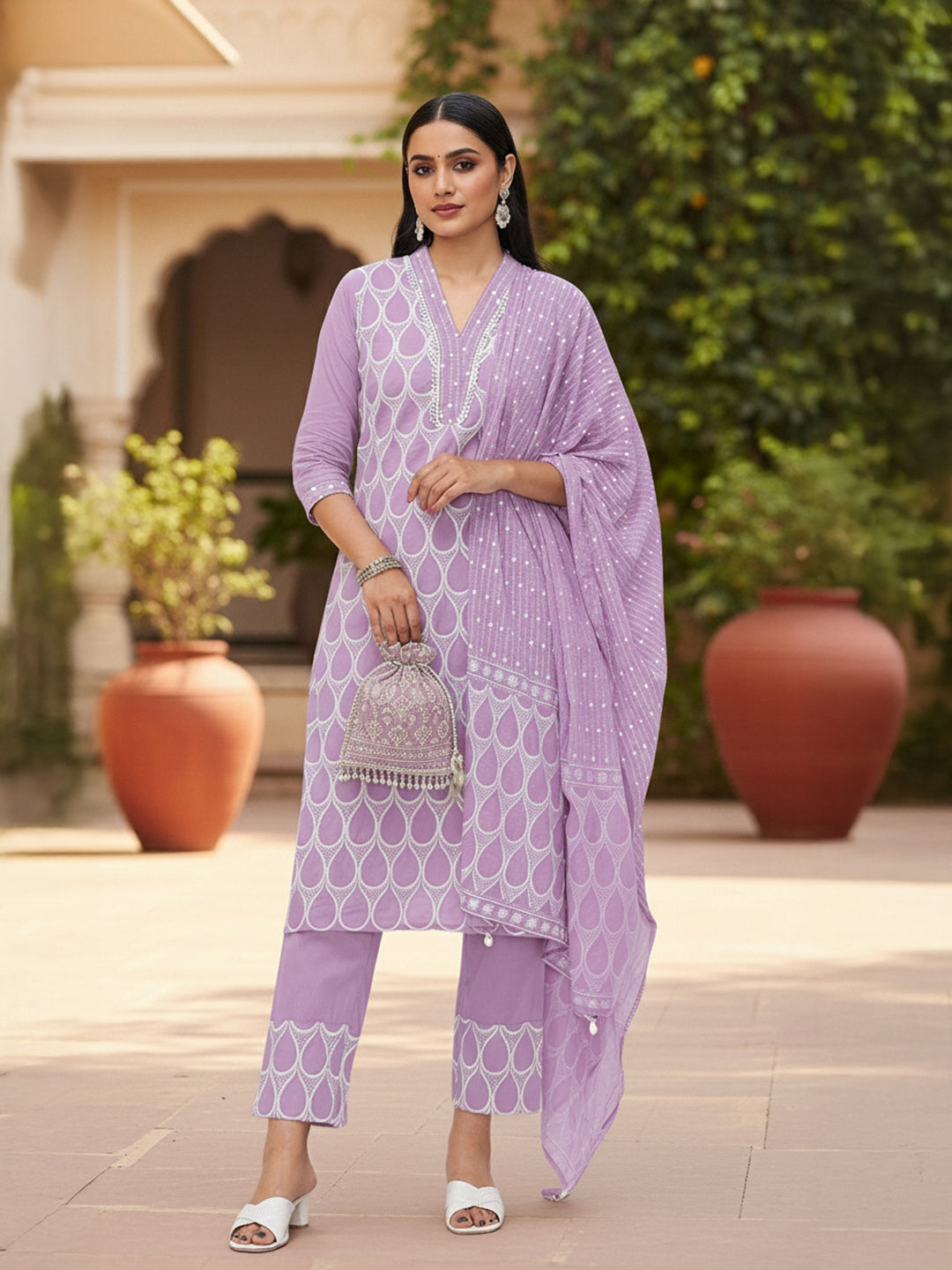 Ishin Women Purple Cotton 3Pcs Kurta Set