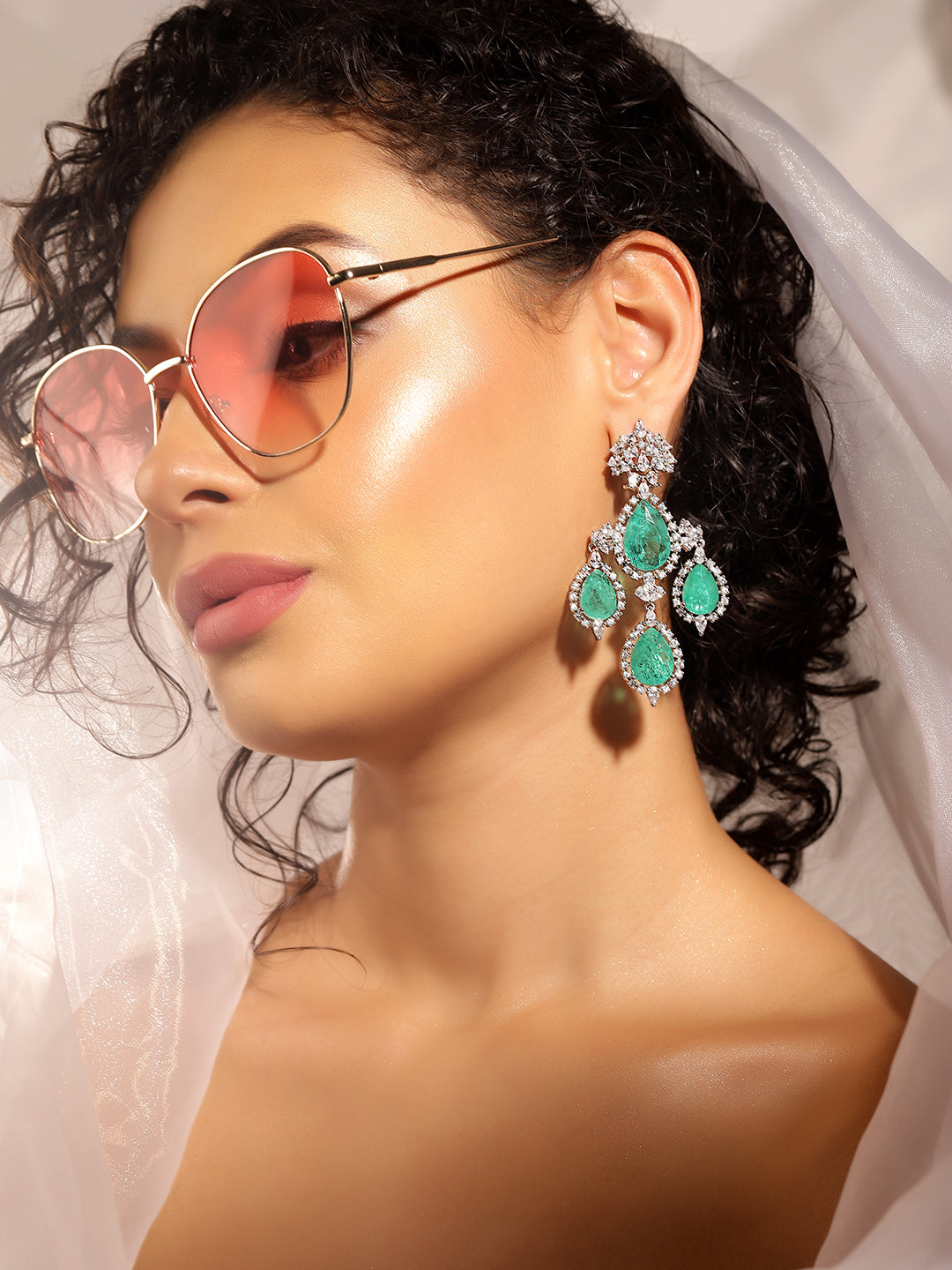 Green Colour Silver Plated AD Drop Earring