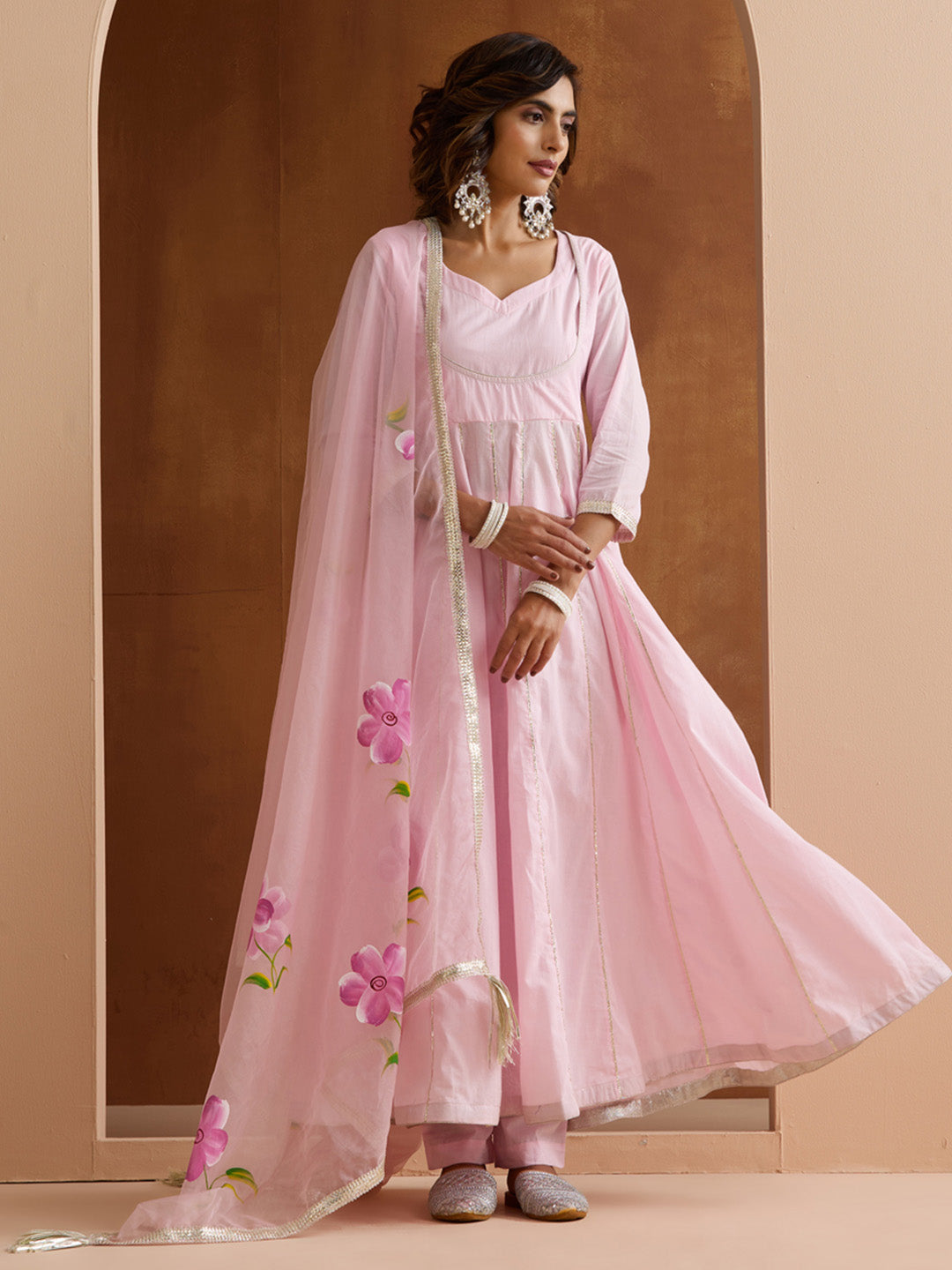 Graceful Pink Cotton Blend Zari embroidery Fit And Flare kurta set with Hand painted dupatta