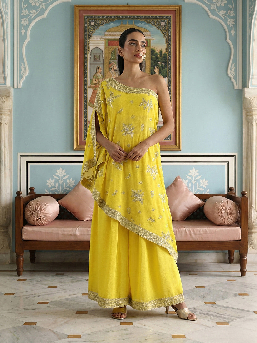 Rich Chinon Embroidered Yellow Embroidered A Line Co-Ords ShararaBottom