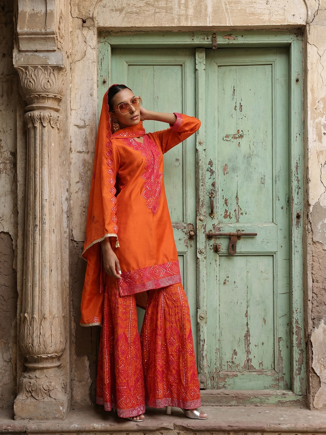 Rich Orange Embroidered  kurta set