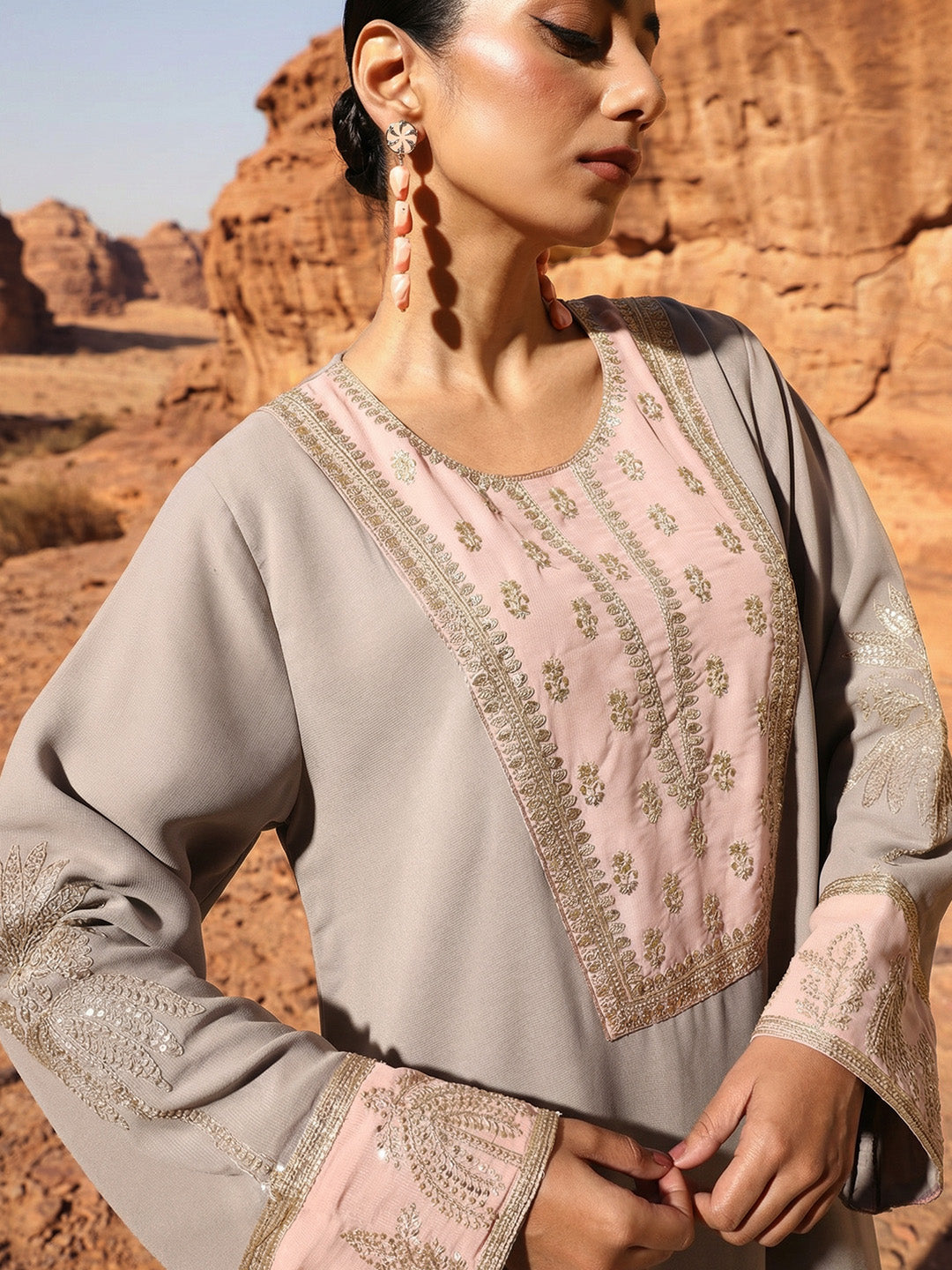 Rich grey Relaxed  Embroidered Abaya