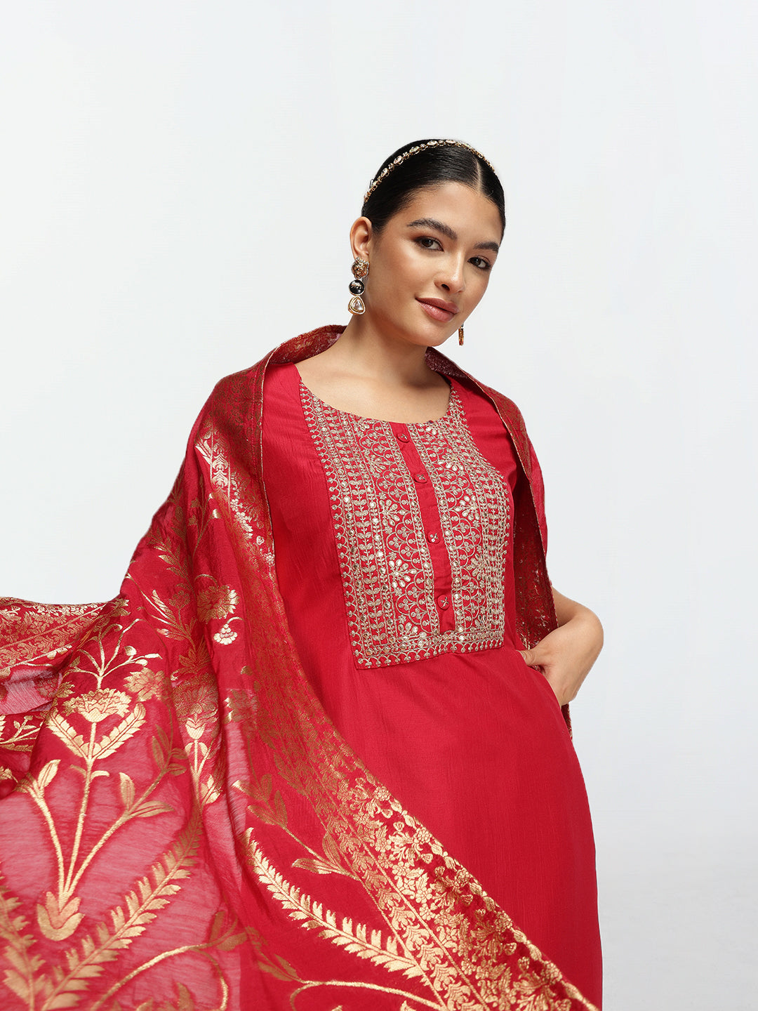 Elegant Red Chinon Zari Embroidered Straight Fit  Kurta Set with Statement dupatta