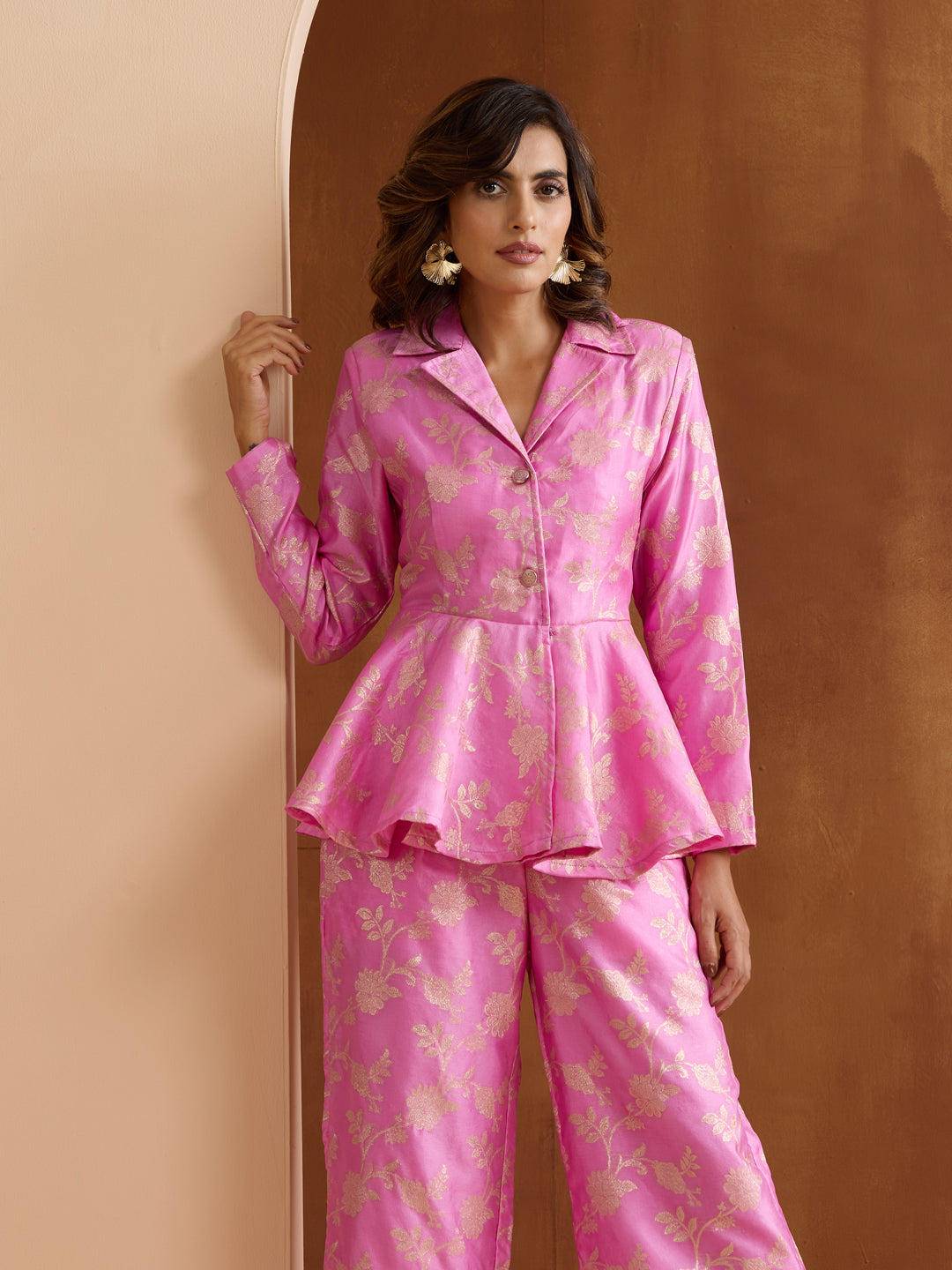 Rich Pink Silk Blend Jacquard Lapel Collar Co-ord Set