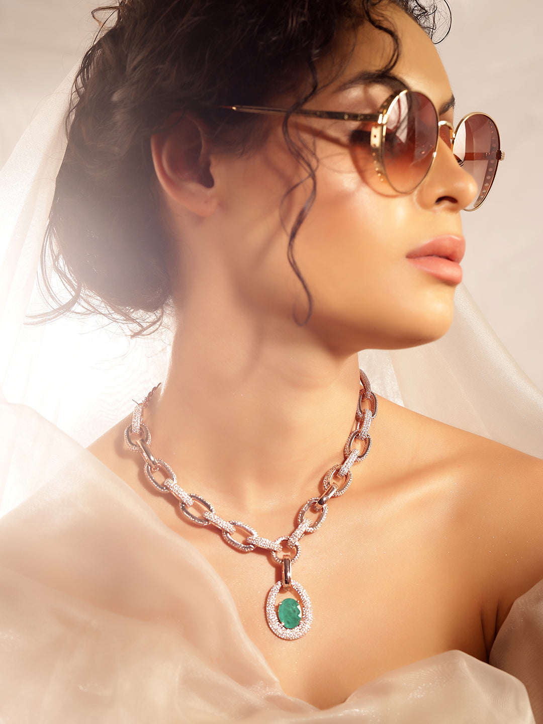 Green Colour Rose Gold Plated AD Jewellery Set