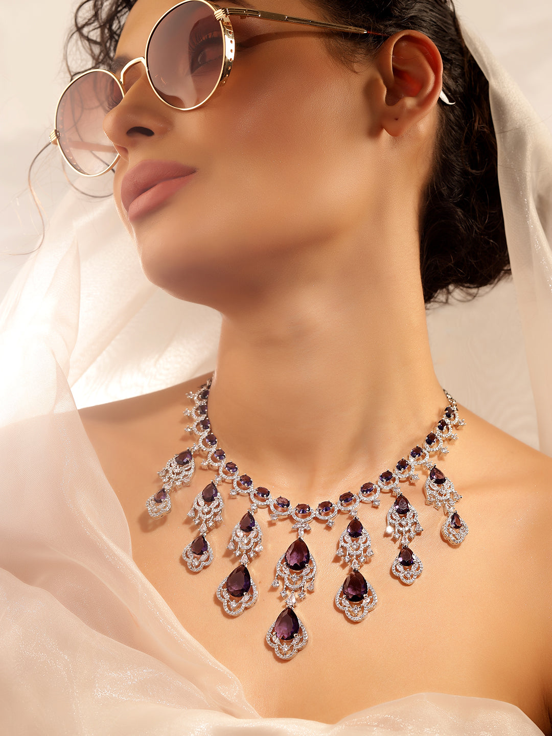 Emethyst Colour Silver Plated AD Jewellery Set