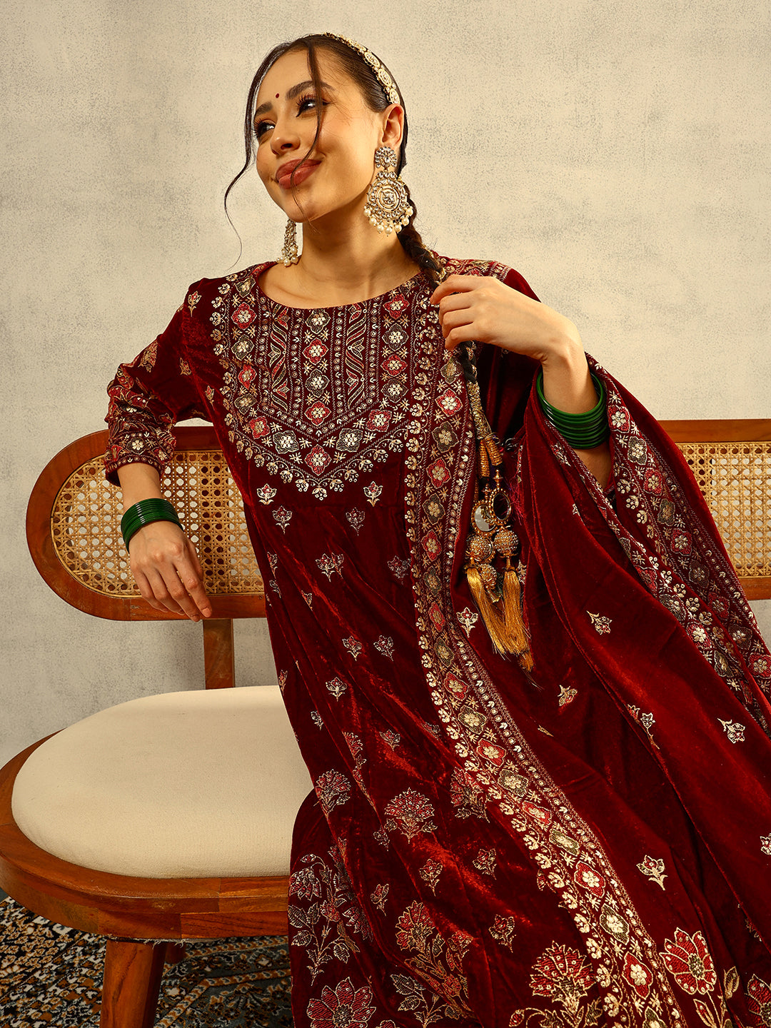 Ishin Maroon Gold Printed Anarkali Festive Kurta with Trouser & Velvet Dupatta