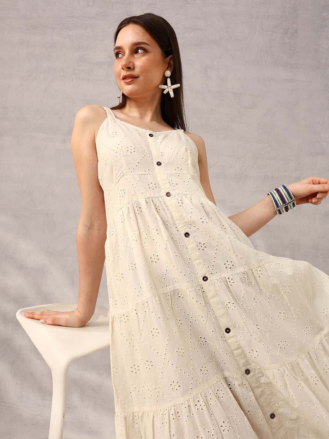 Off White Smart  Casual Schiffli Maxi Dress
