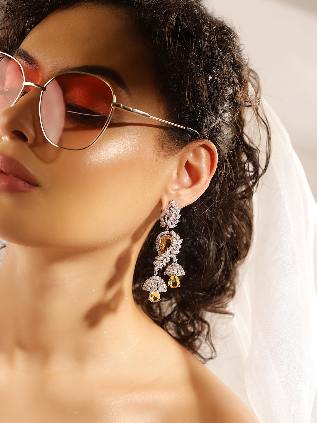 Yellow Colour Silver Plated AD Drop Earring