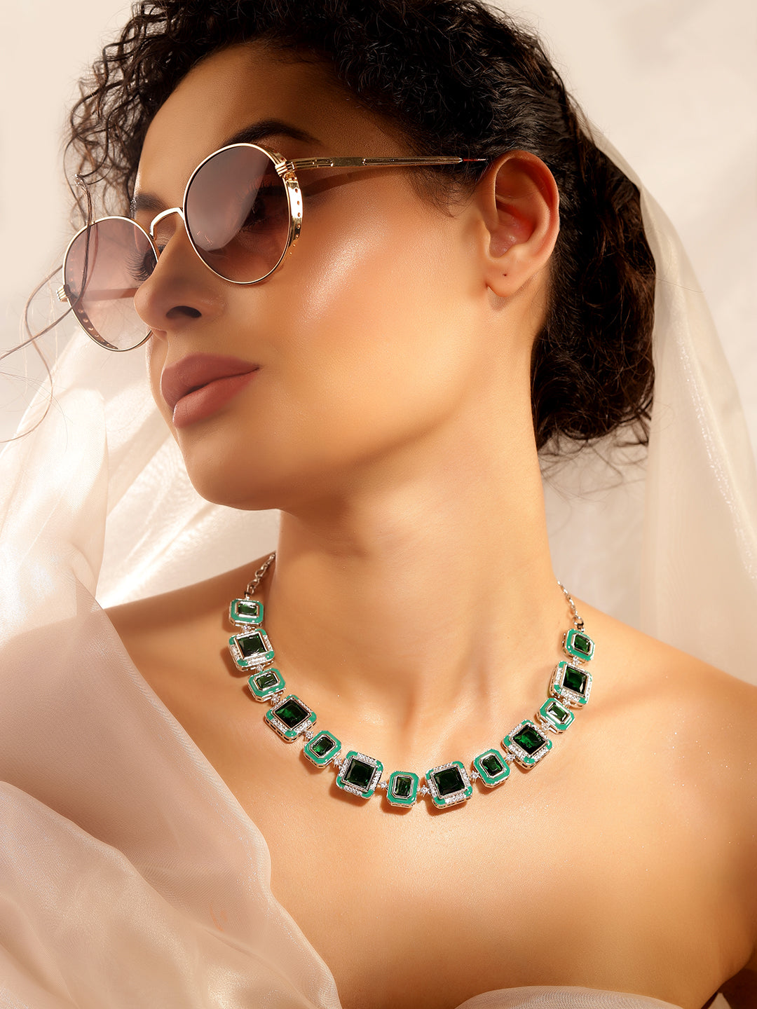 Green Colour Silver Plated AD Jewellery Set