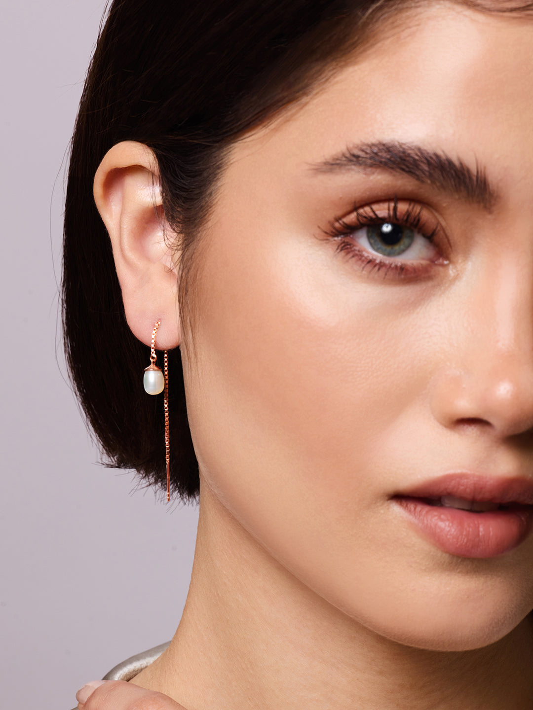 925 Silver Rose Gold Plated Pearl Threader Earrings
