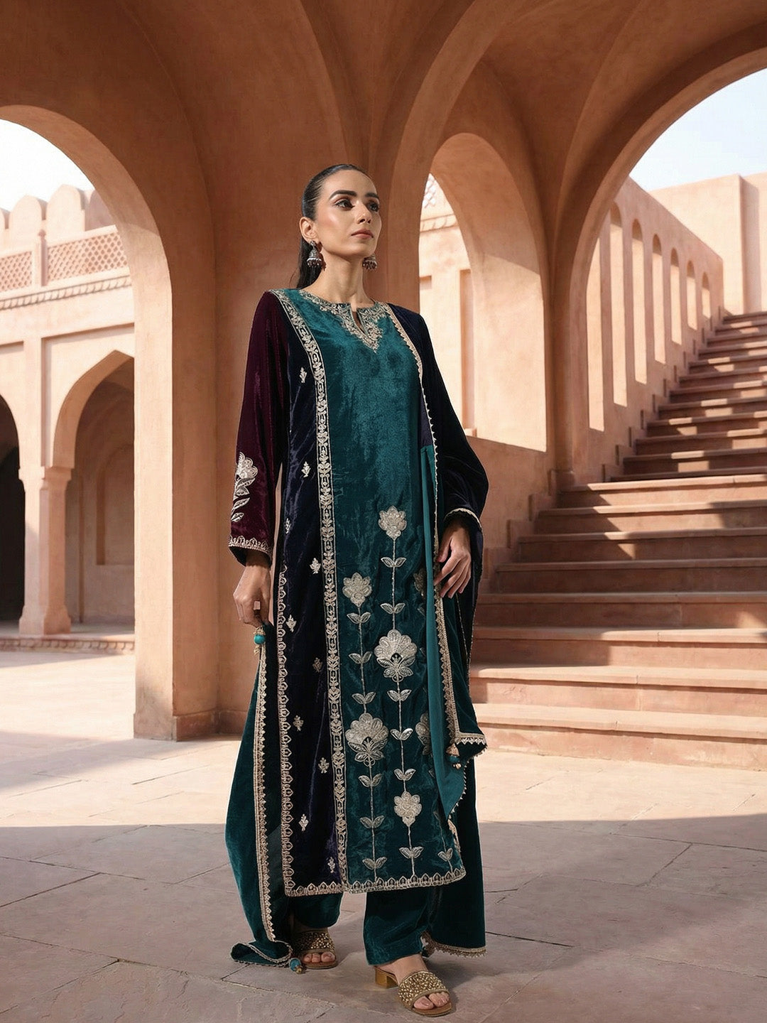 Rich Teal Embroidered Straight Fit Kurta Sets In Velvet