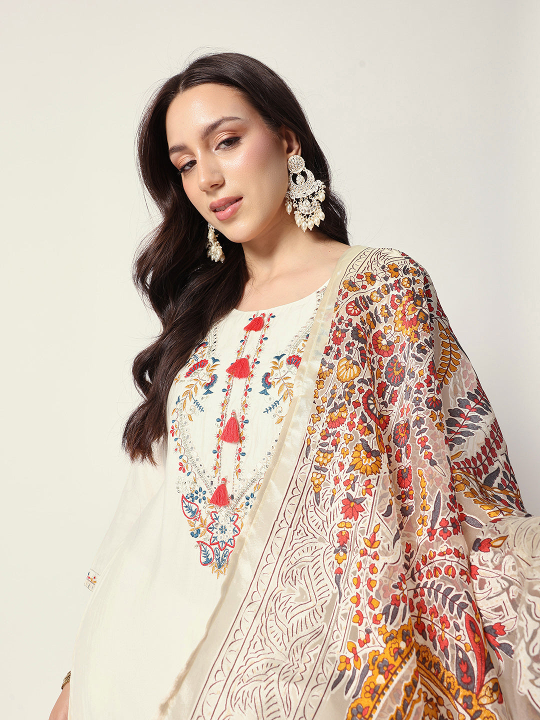 Graceful OffWhite Viscose rayon embroiderd straight fit kurta set with statement brasso  dupatta