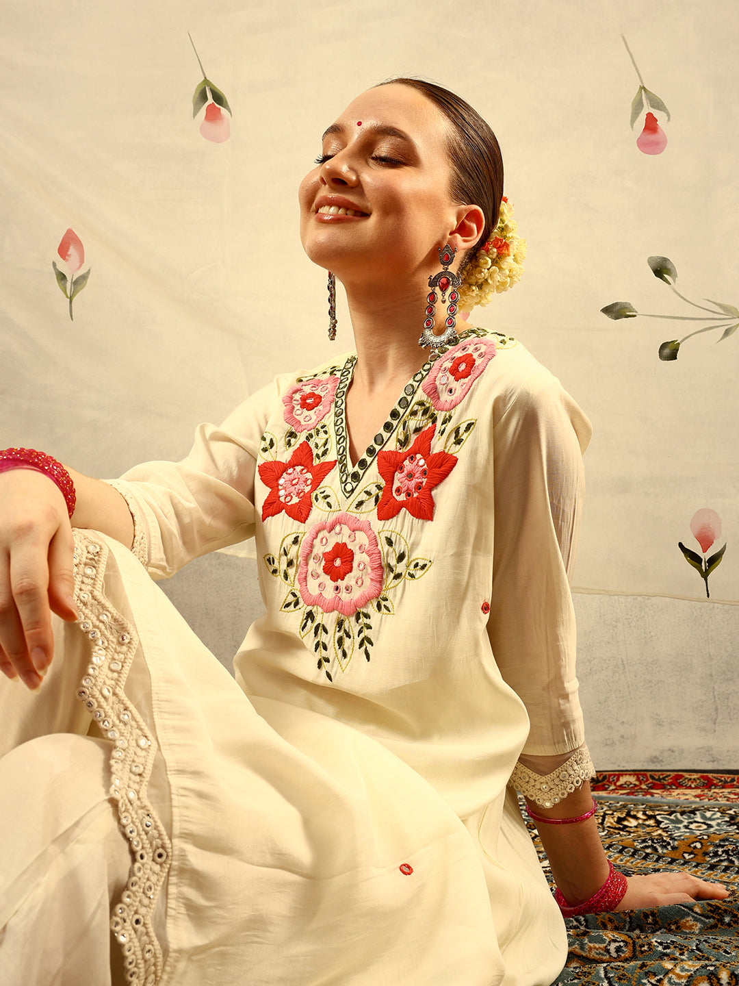 Off White Mirror & Thread Embroidered  Festive Kurta with Trouser & Hand Painted Dupatta