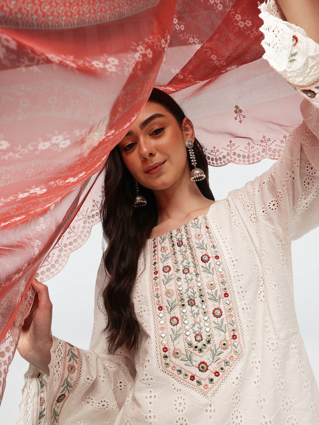 Graceful OffWhite shiffly floral embroidery straight fit kurta set with dupatta
