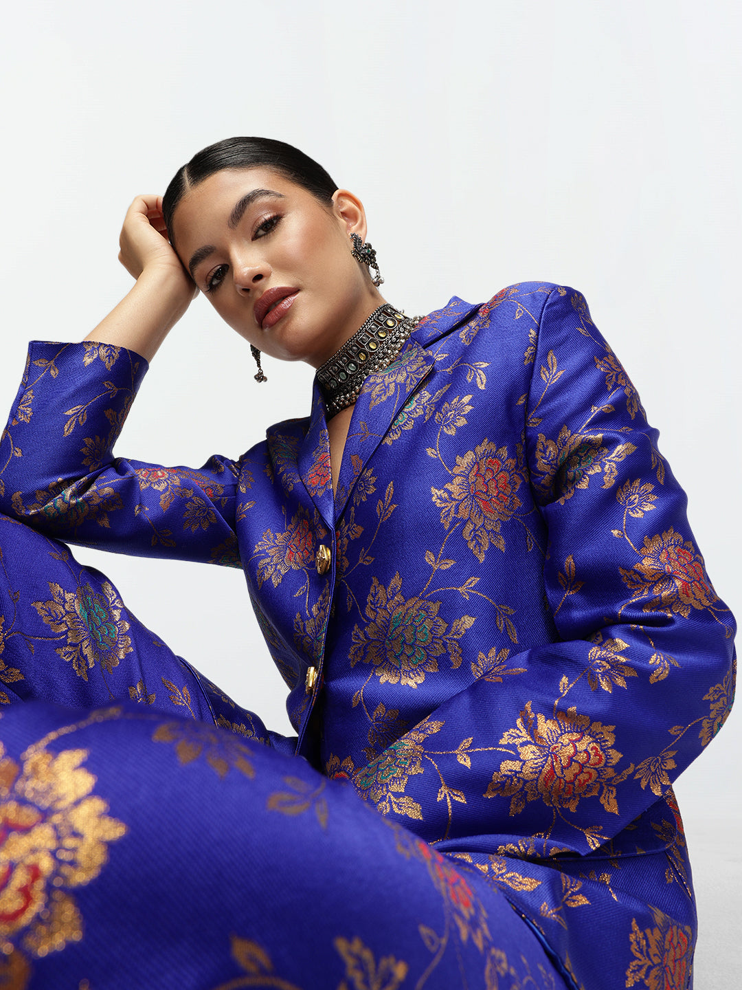 Rich Blue Jacquard Silk Blend Regular Fit Co-ord Set with Lapel collar