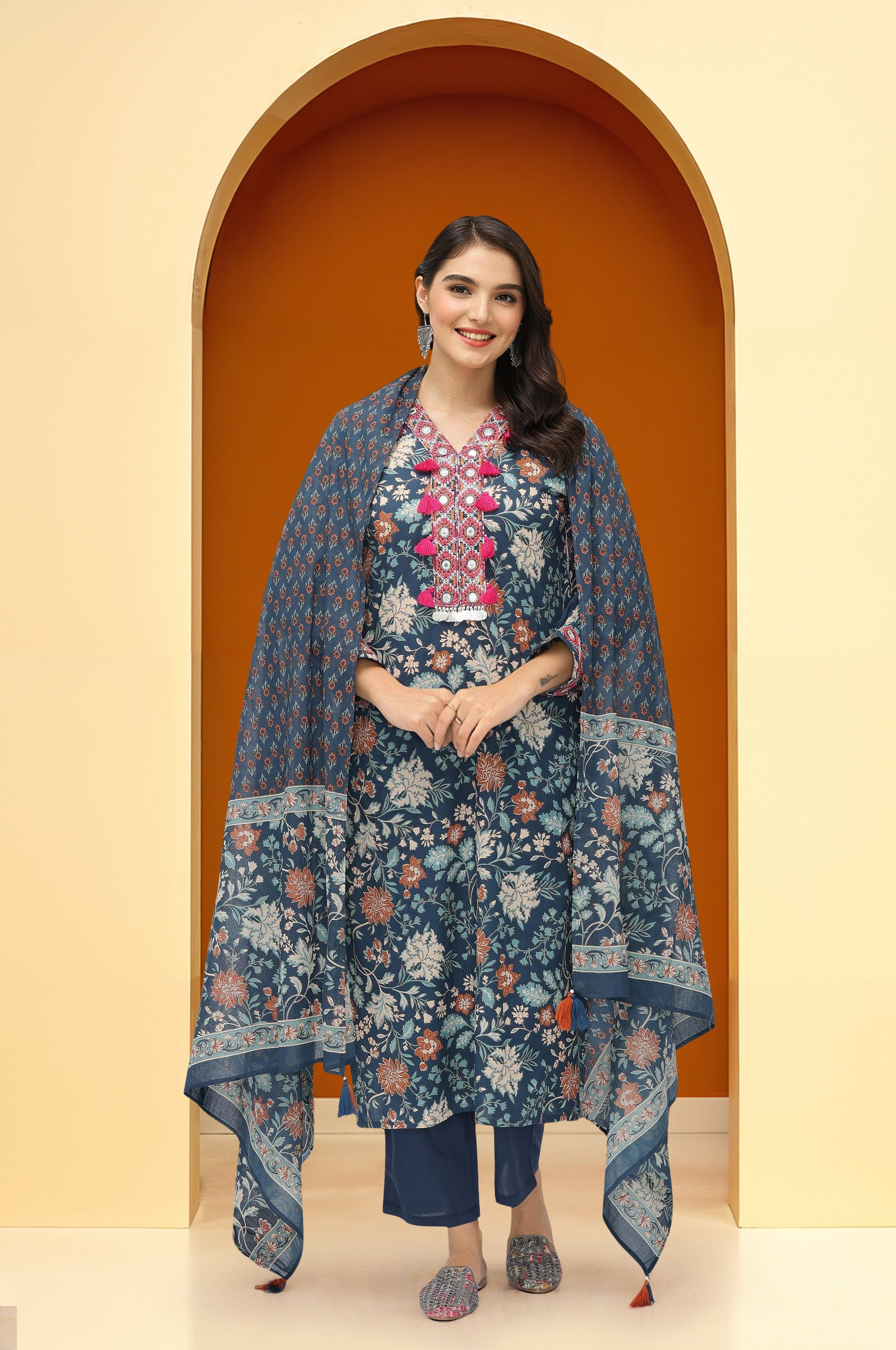 Comfy Navy Blue Cotton Printed Tassel Detailed Straight Fit  Kurta Set with dupatta
