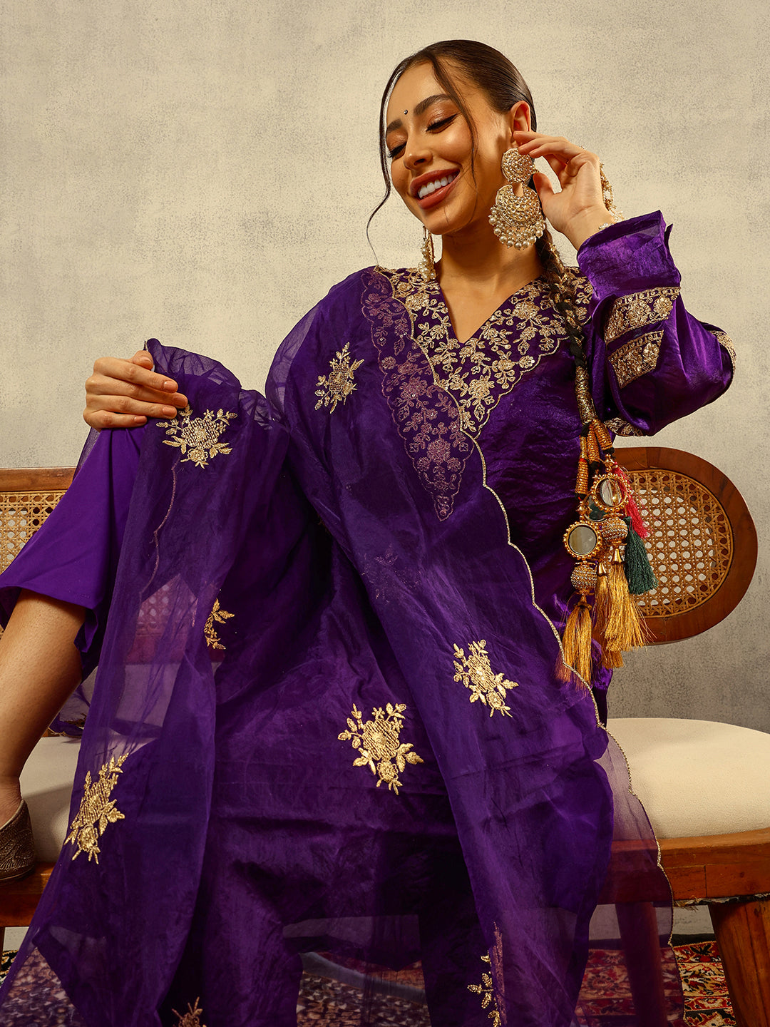 Purple Cording & Zari Embroidered Festive Kurta with Trouser & Embellished Organza Dupatta
