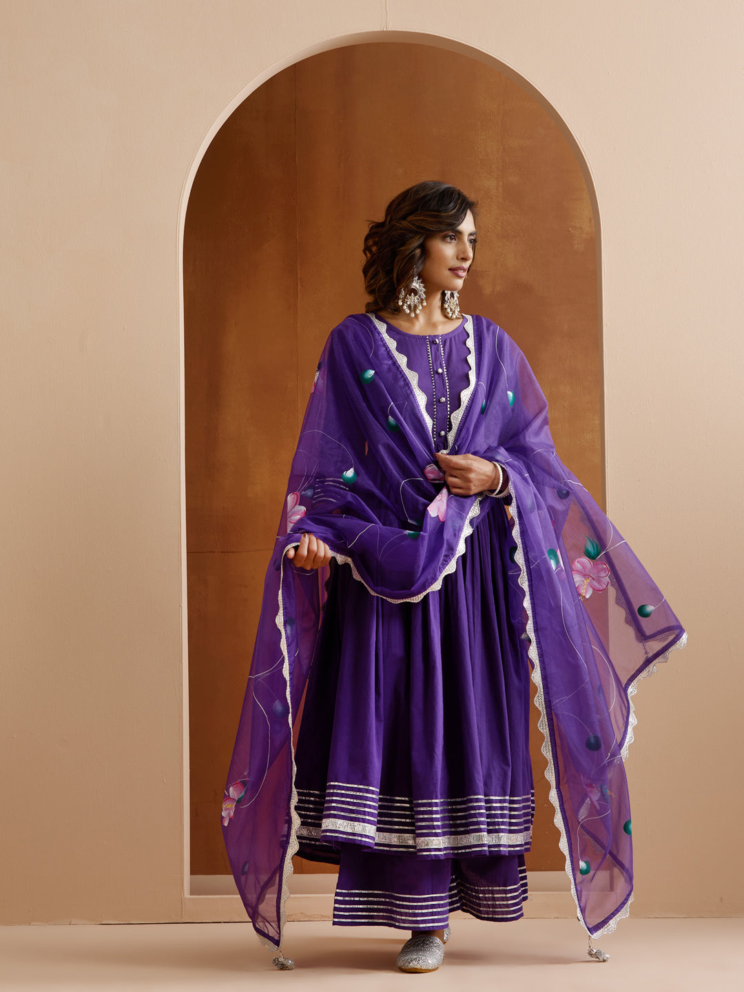 Rich Purple Anarkali Kurta Set With Palazzo Bottom And Hand-Painted Dupatta
