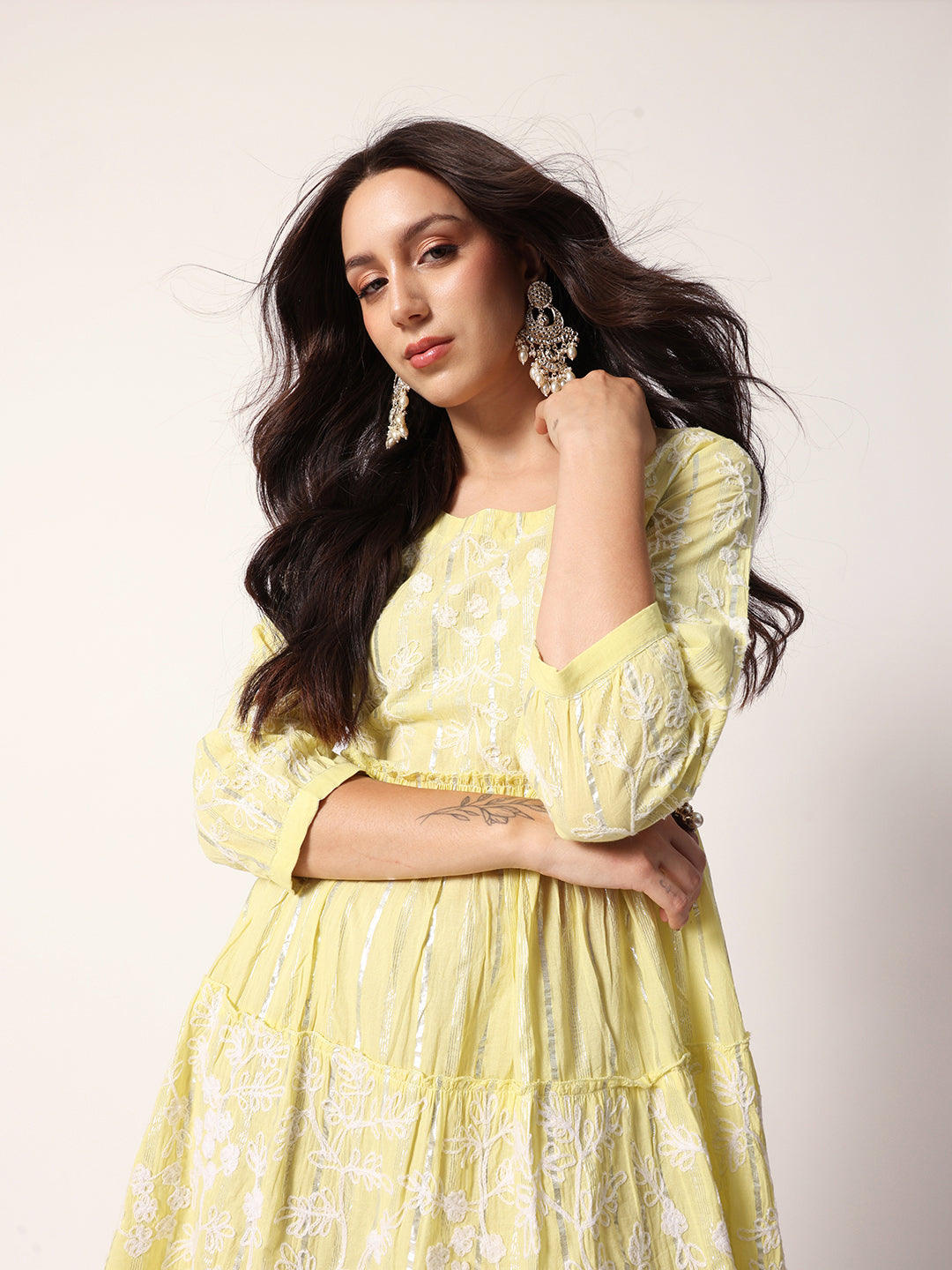Comfy Yellow Cotton Embroiderd with tassels Tiered dress