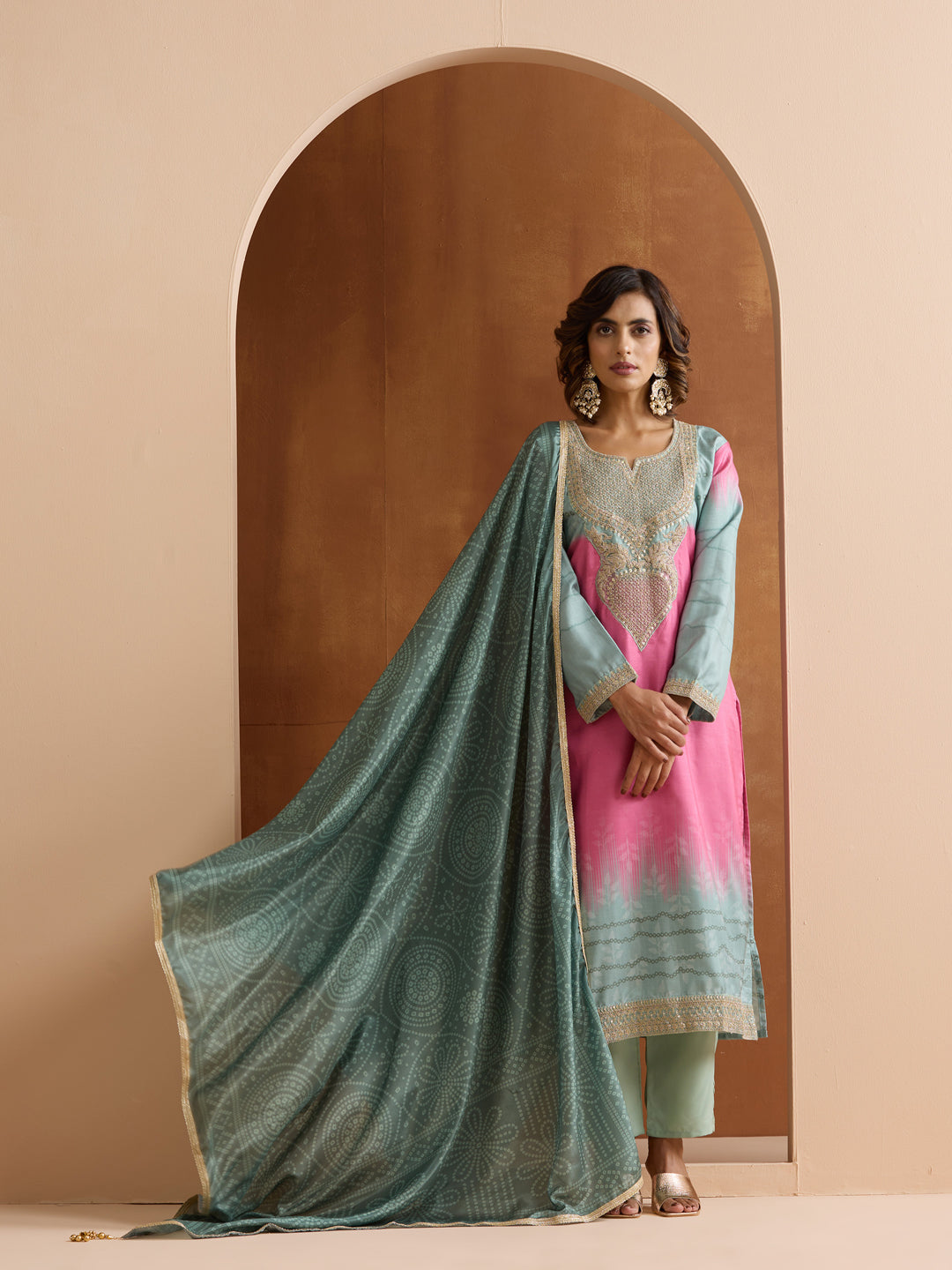 Pink Chinon Zari Embroidered Straight Kurta Set With Printed Dupatta
