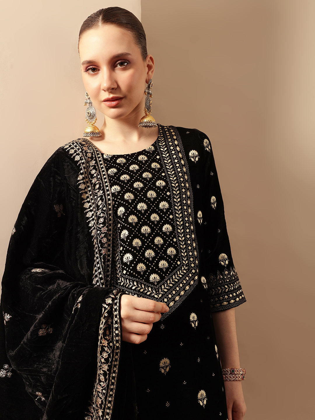 Rich Black Velvet Gold Print Straight Kurta sets with dupatta