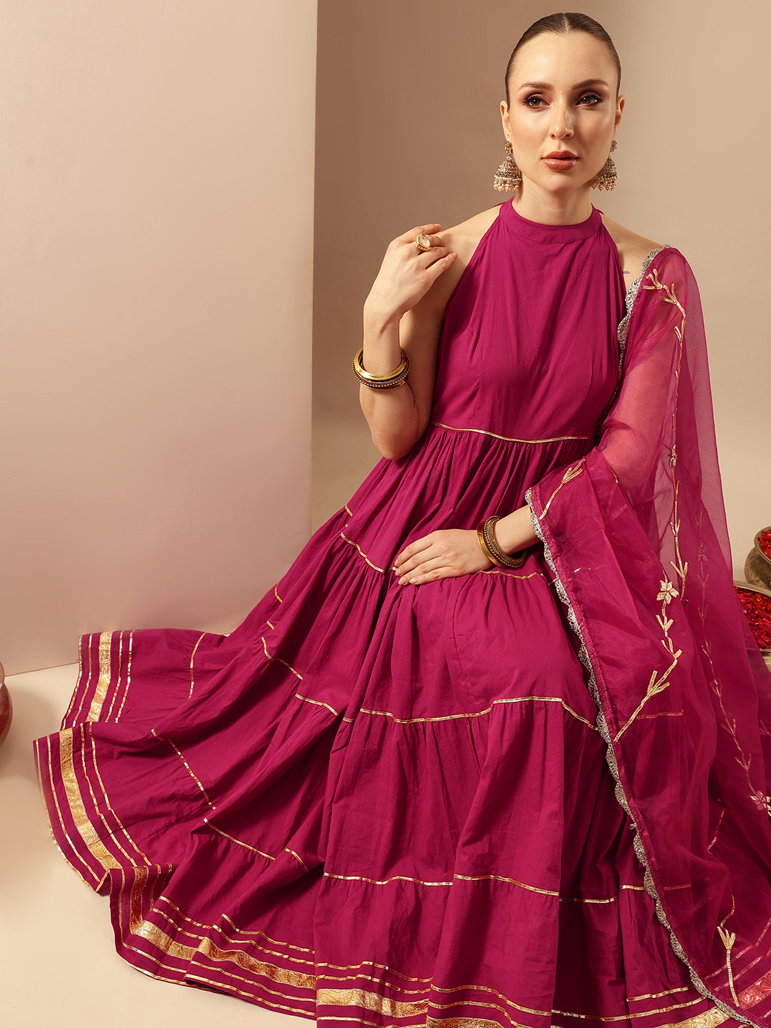Comfy Rani Pink Organza Embroidered Anarkali Kurta Sets