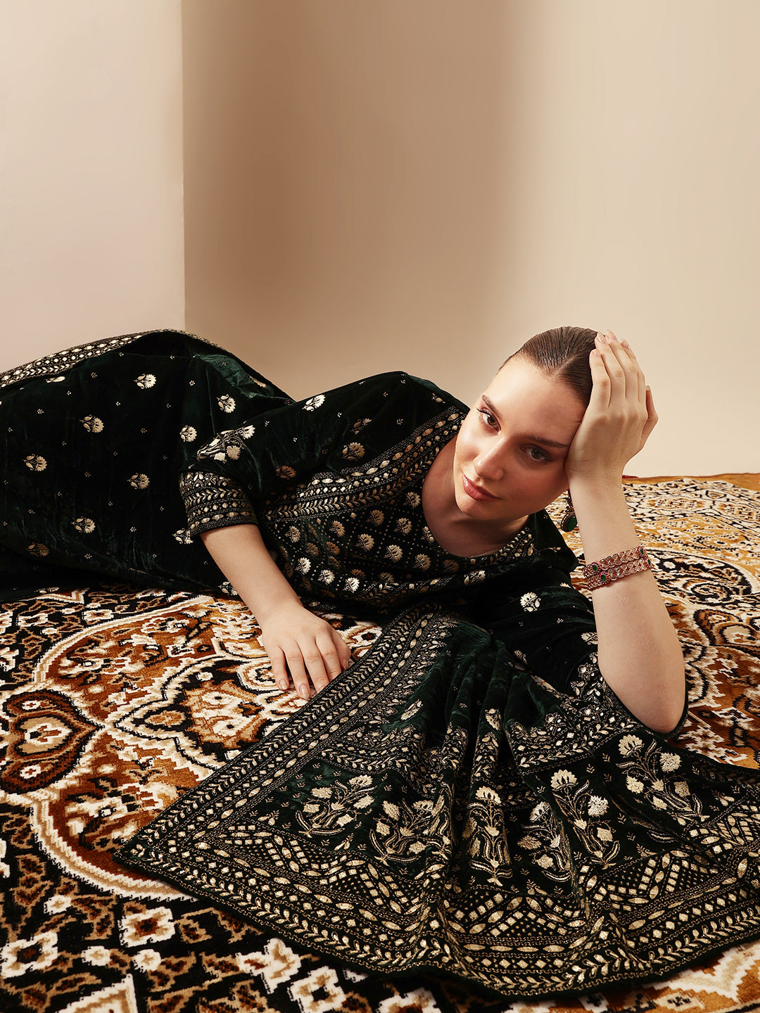 Rich Dark Green Velvet Gold Print Straight Kurta sets with dupatta