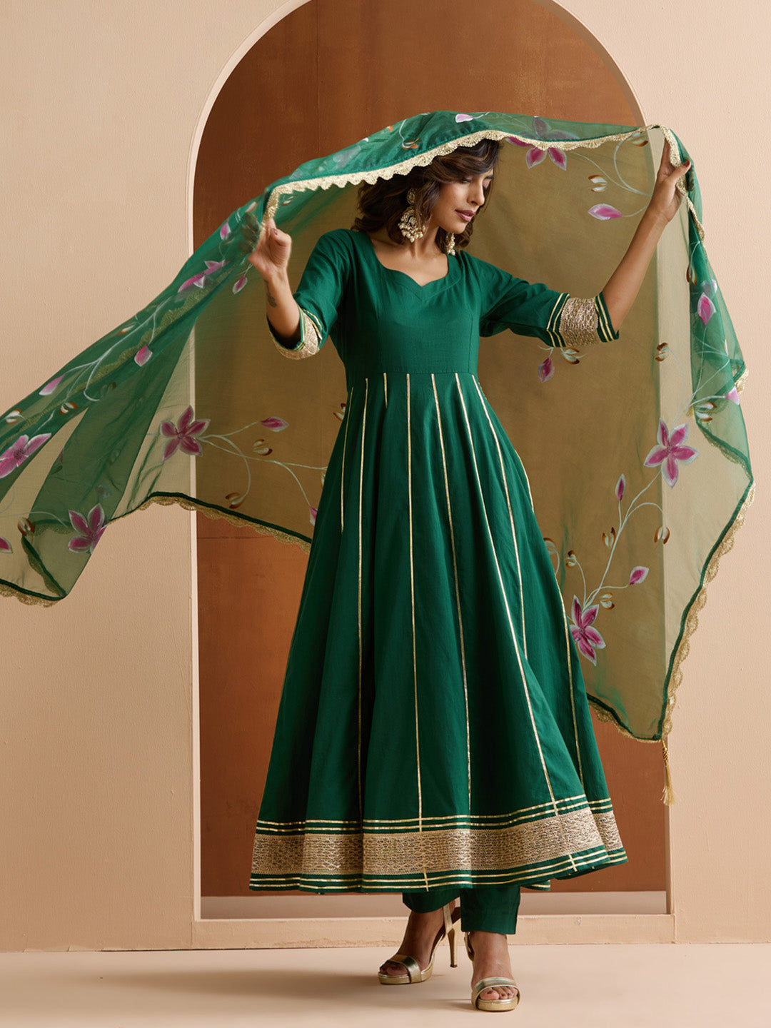 Graceful Green Cotton Blend Zari embroidery Fit And Flare  kurta set with hand painted dupatta