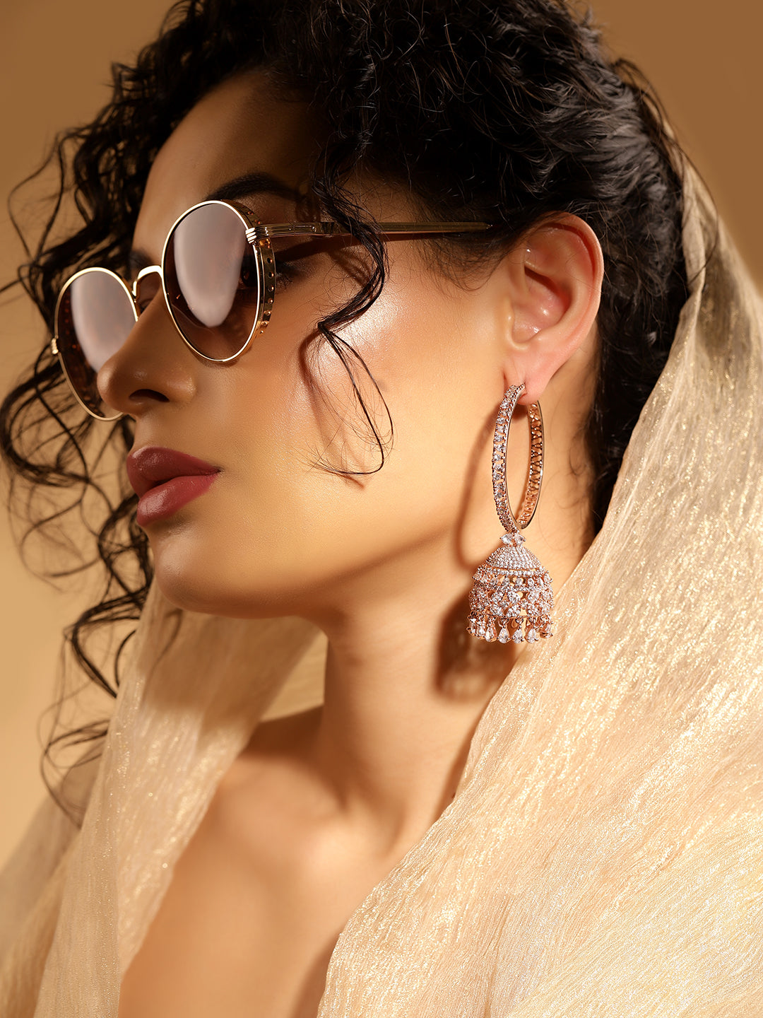 White Colour Rose Gold Plated AD Jhumka Earring