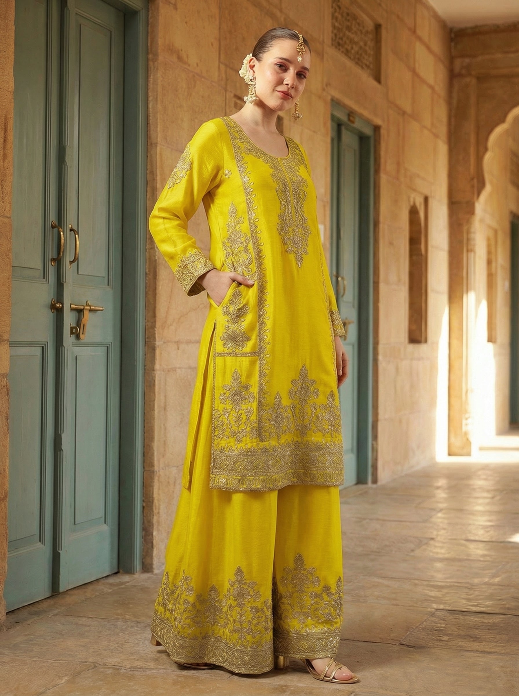 Rich Yellow Embroidered Straight Kurta sets