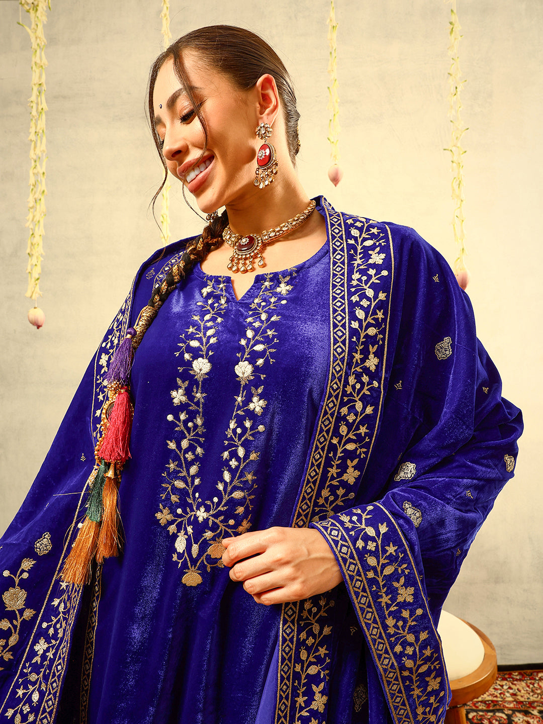 Royal Blue Gold Print Festive Kurta with Trouser & Velvet Dupatta