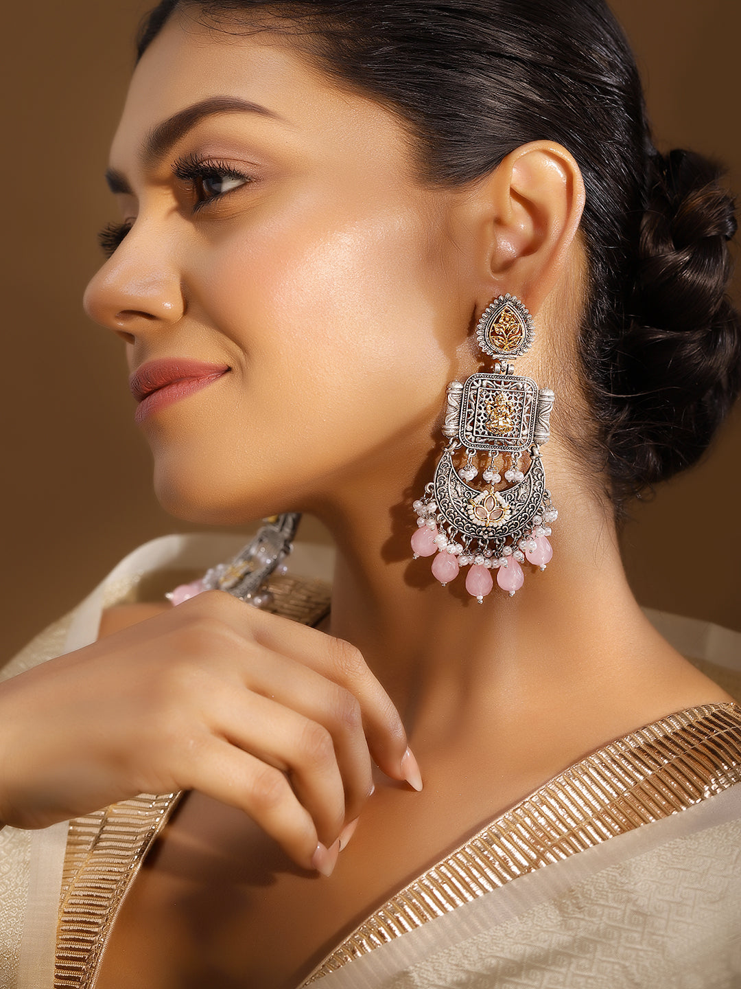 Pink Colour Silver Plated Pearl Chandbali Earring