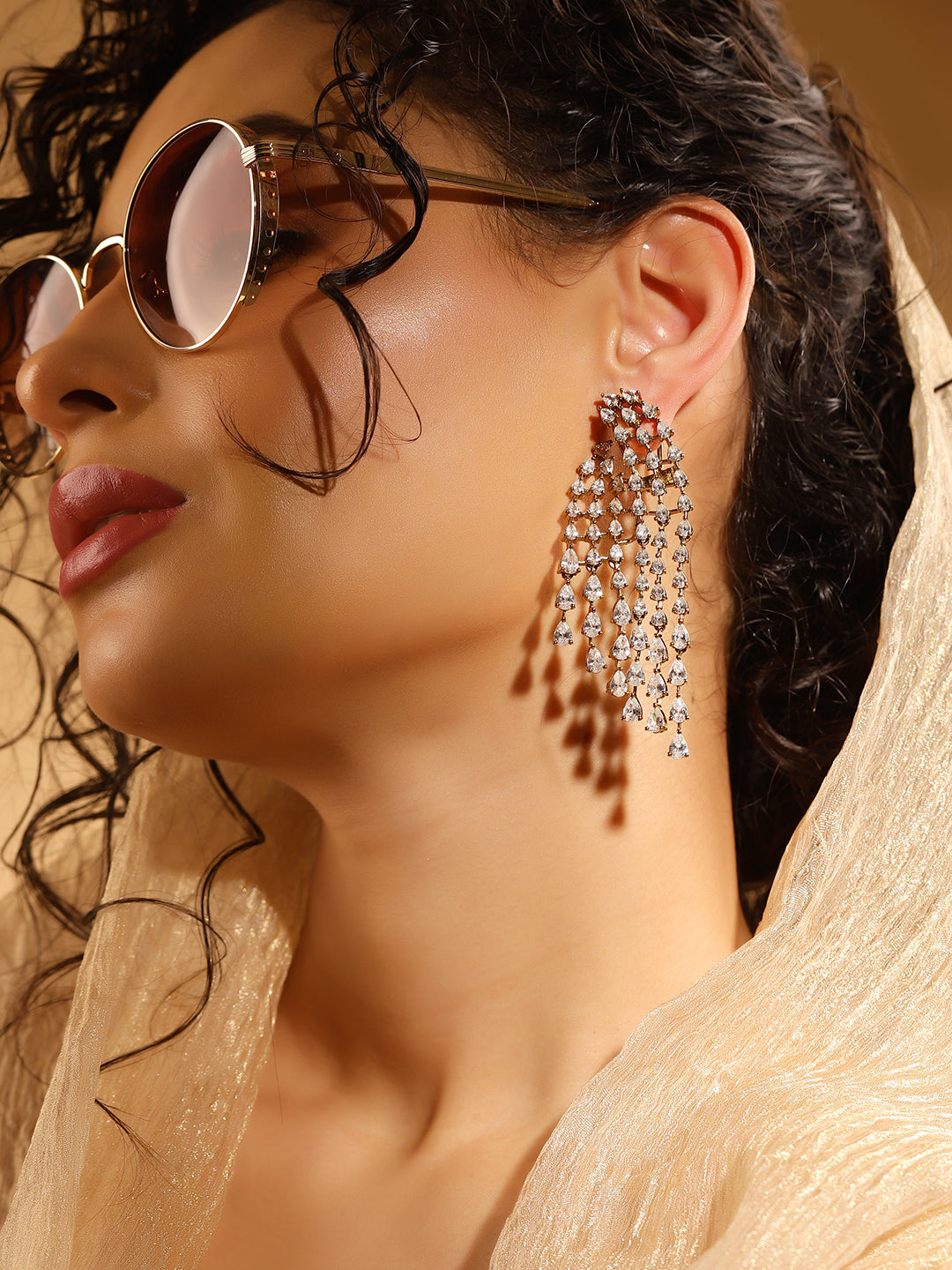 White Colour Gold Plated AD Drop Earring