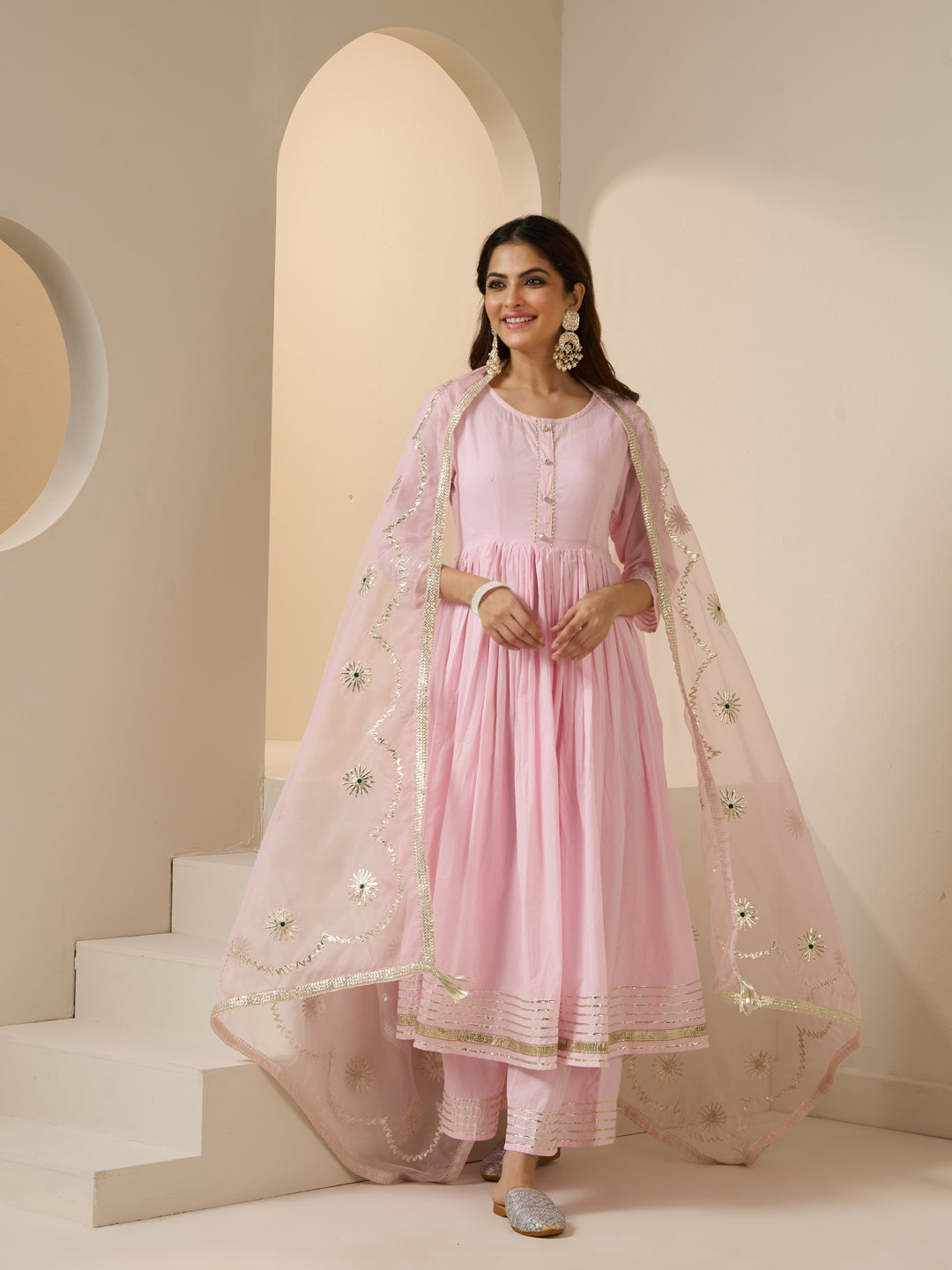 Rich Pink Embroidered Anarkali Kurta Set With Palazzo Bottom And Gotta Patti Dupatta